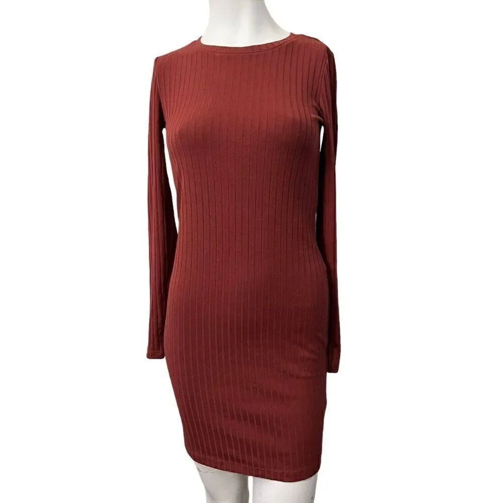 Forever 21 Medium Rust Orange Long Sleeve Ribbed Bodycon Dress Back Cutout NWT